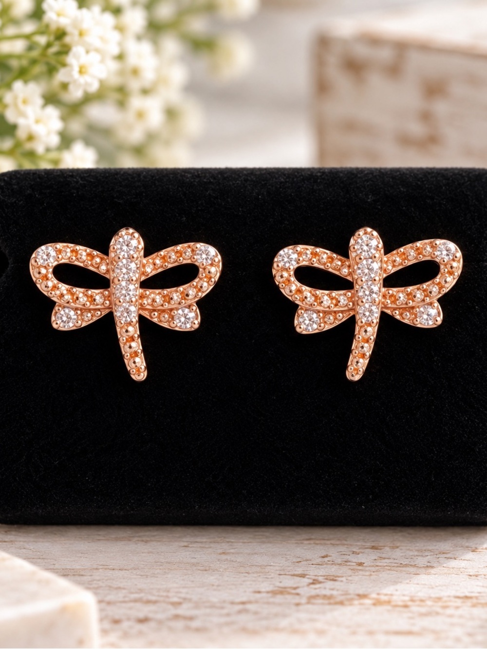 Sterling Silver Rose Gold Plated .50 CT Moissanite Dragonfly Stud Earrings